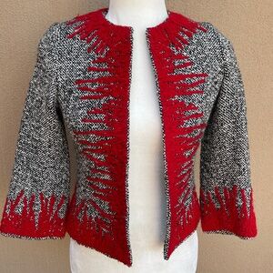 Vintage 90’s Moschino Black, White, Red Tweed Cropped Jacket Made in Italy.
